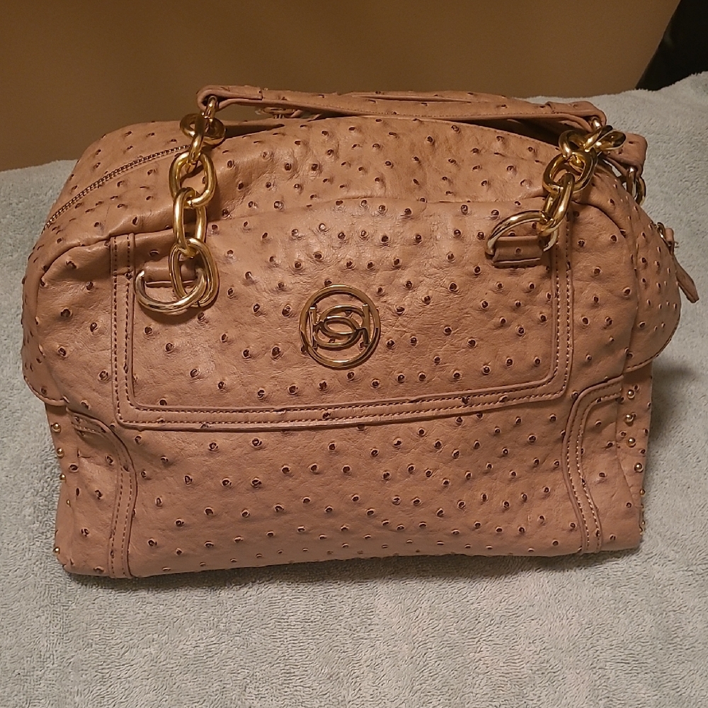 Bebe Tan Satchel with Gold Chain Accents